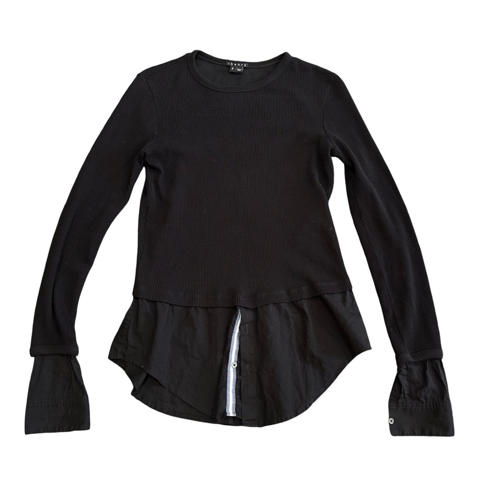 Theory Black Mixed Media Waffle Knit Thermal Poplin Layered Top Small S P